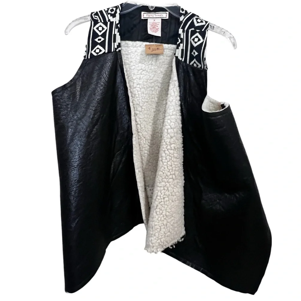 Flying Tomato Faux Leather Sherpa Lined Boho Drape Vest Aztec Trim Size M